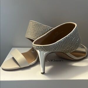 Calvin Klein Cream Silver Heels Elegant Mules
